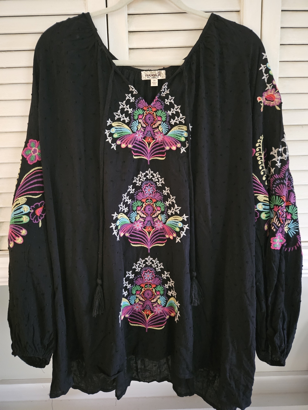 One World Black Boho Embroidered Long Sleeve Peasant Blouse Top 3X